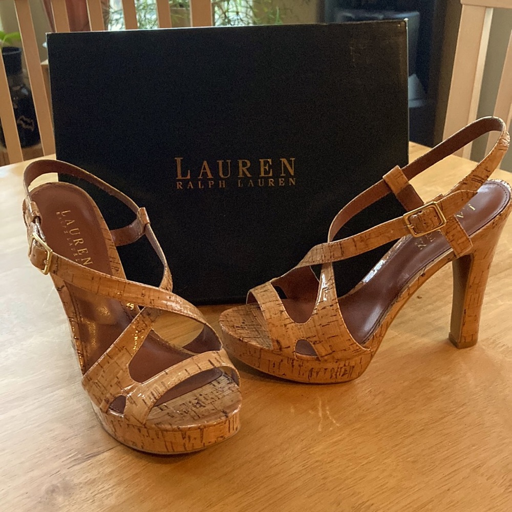 Ralph Lauren natural glazed cork 3 inch heels